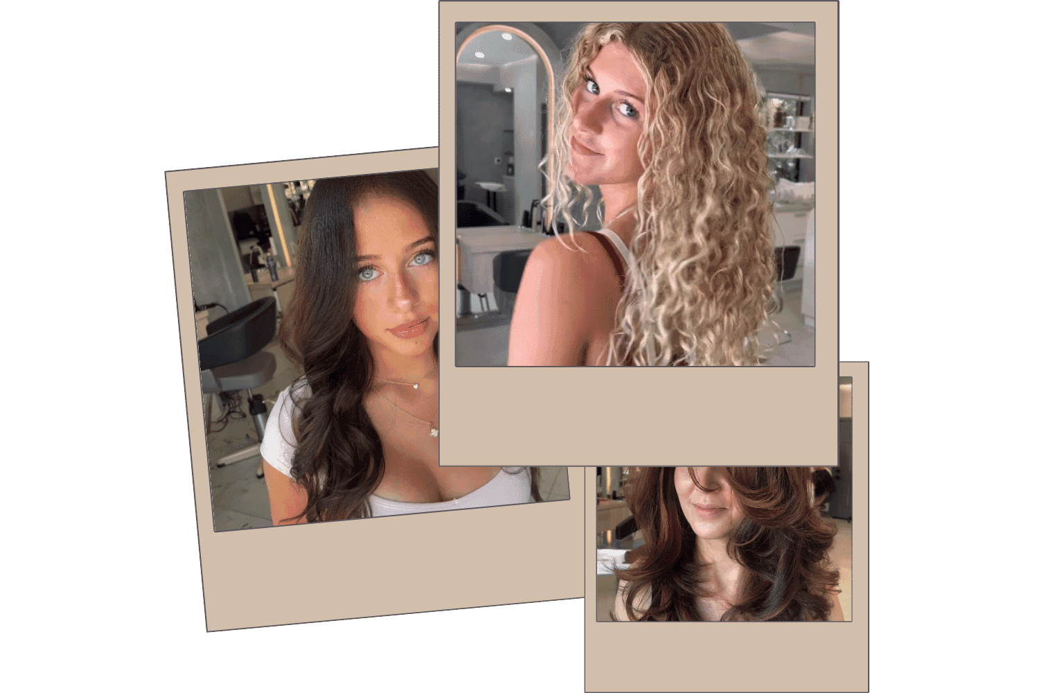 Hairstyles showcase: brunette waves, blonde curls, and voluminous layered hair in a salon setting.