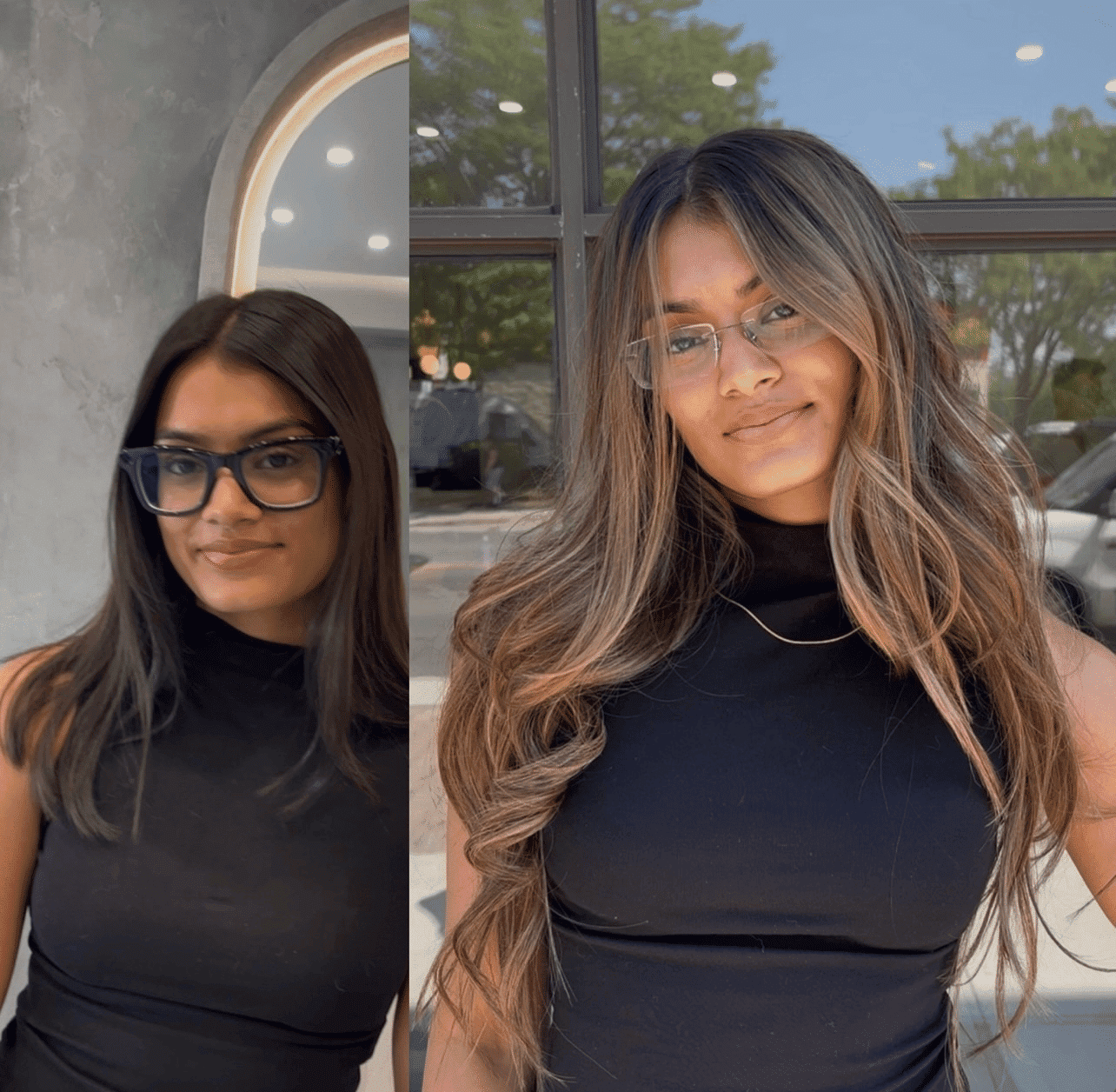 Woman with glasses before and after hair transformation, sporting a new style with highlights.