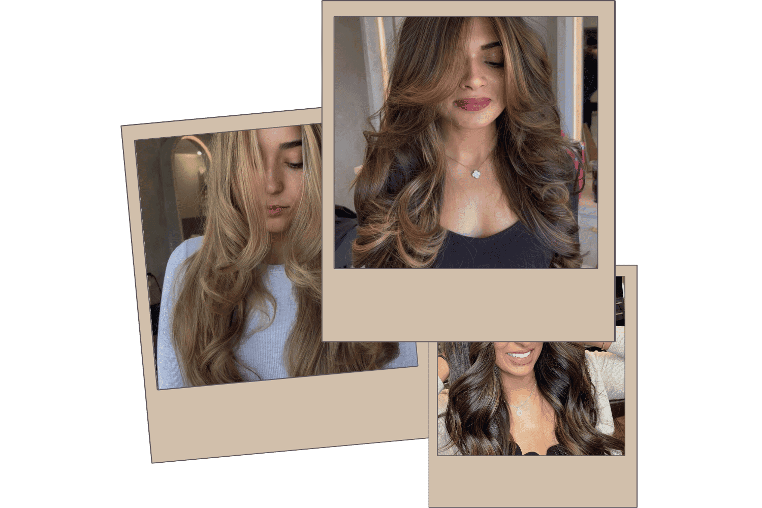Three polaroids showing women with different elegant, long hairstyles in shades of brown and blonde.