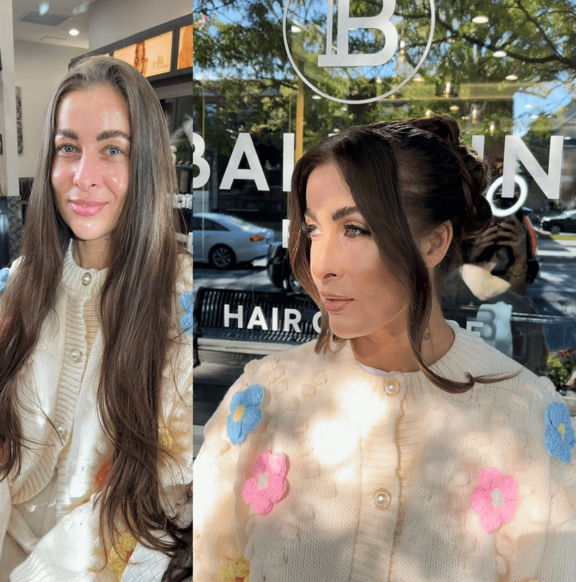 Two images of a woman at a salon. One shows long hair; the other, styled updo.