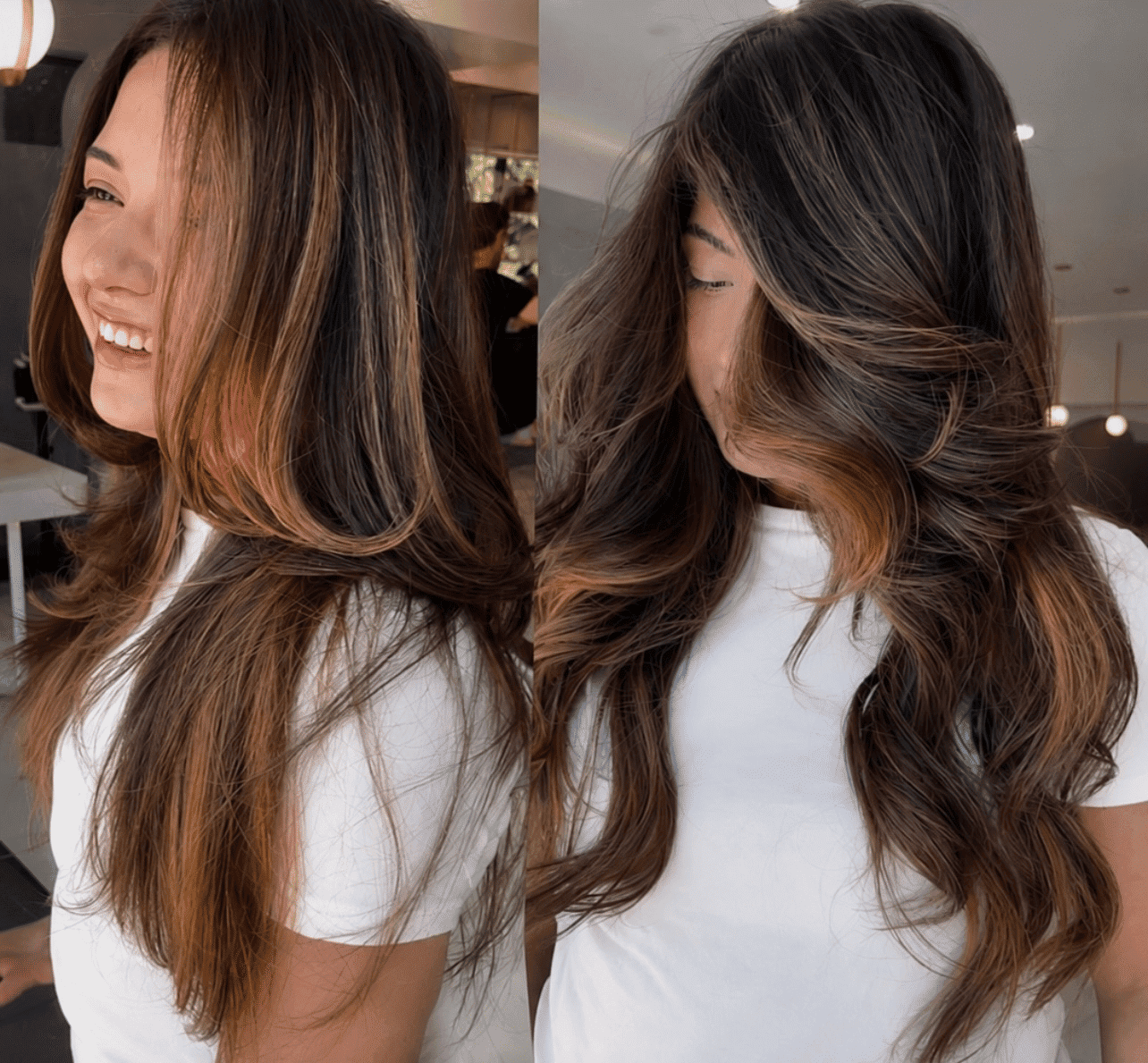 Long, wavy brown hair with caramel highlights, styled in a salon. White shirt worn by person.