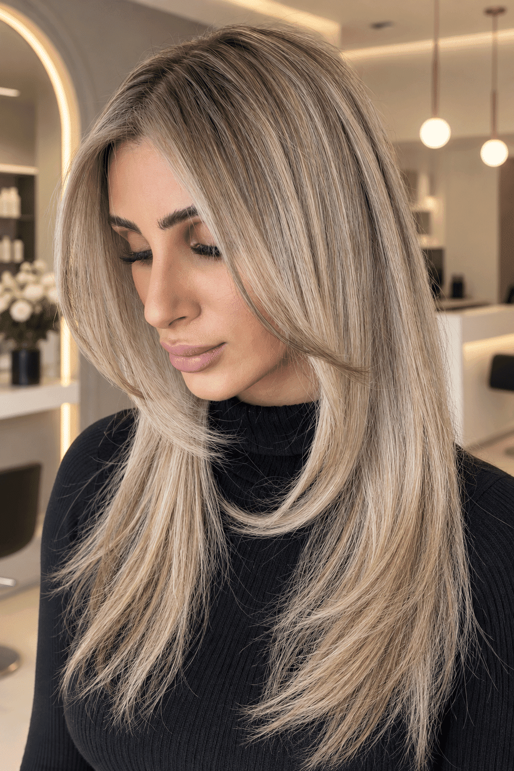 Woman with long layered blonde hair in a salon, wearing a black turtleneck.